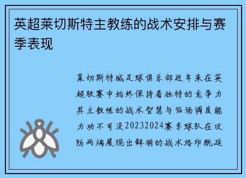 英超莱切斯特主教练的战术安排与赛季表现